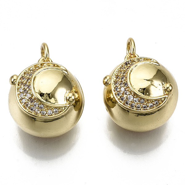 

PandaHall Brass Micro Pave Cubic Zirconia Pendants, with Jump Rings, Nickel Free, Round with Moon, Real 16K Gold Plated, Clear, 15x14x12mm...
