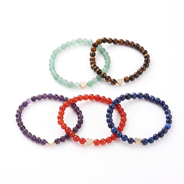 

PandaHall Round Natural Gemstone Beads Stretch Bracelets, with Brass Heart Beads, Golden, Inner Diameter: 2-1/4 inch(5.6cm) Mixed Stone