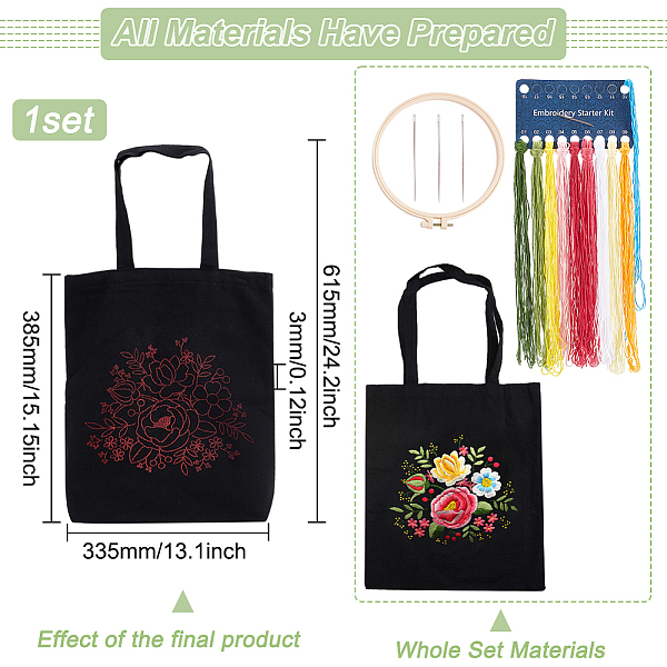 

PandaHall DIY Flower Pattern Tote Bag Embroidery Making Kit, Including Embroidery Needles & Thread, Cotton Cloth Bag, Plastic Embroidery..., Black