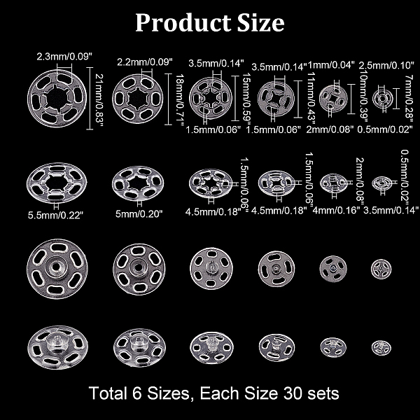 180 Sets 6 Style Sewing Snap Button