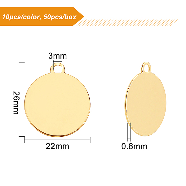 

PandaHall BENECREAT 50Pcs 5 Colors Brass Pendants, Stamping Blank Tag, Flat Round, Mixed Color, 26x22x0.8mm, Hole: 3mm, 10pcs/color Brass...