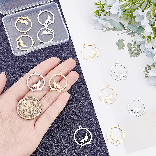 

PandaHall Unicraftale 201 Stainless Steel Pendants, Ring with Wolf, Mixed Color, 23x20x1mm, Hole: 1.5mm, 12pcs/box 201 Stainless Steel Ring