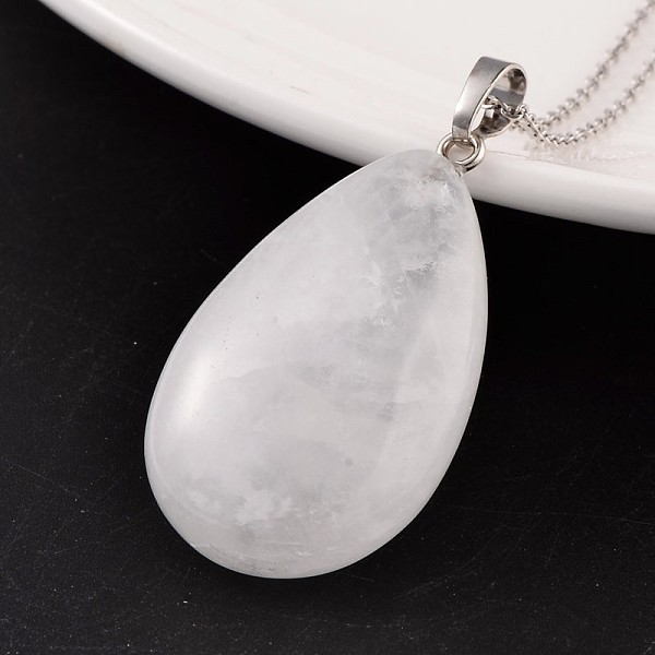 

PandaHall Teardrop Platinum Tone Brass Crystal Pendants, 41~43x23~25x11~13mm, Hole: 5mm Quartz Crystal Teardrop