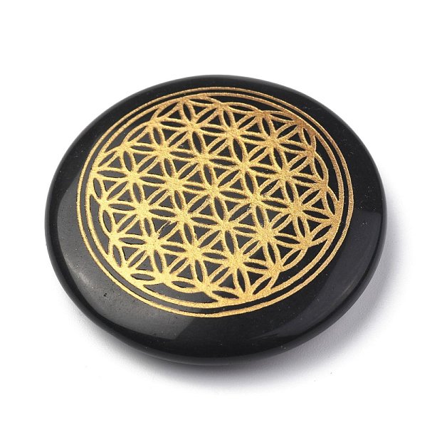 

PandaHall Chakras Themed Natural Obsidian Cabochons, Flat Round with Flower of Life, 35x6~7mm Obsidian Flat Round