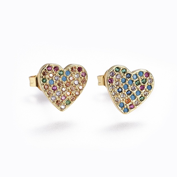 

PandaHall Brass Micro Pave Cubic Zirconia Stud Earrings, Heart, Golden, Colorful, 9.3x8.7x0.6mm, Pin: 0.7mm Cubic Zirconia