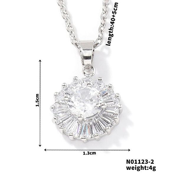 Brass Pave Cubic Zirconia Geometric Flat Round Pendant Necklaces