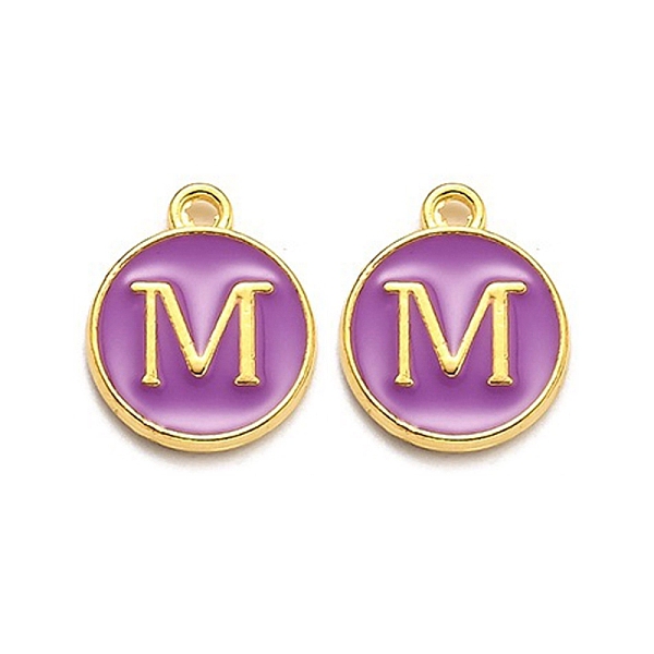 

PandaHall Golden Plated Alloy Enamel Charms, Enamelled Sequins, Flat Round with Alphabet, Letter.M, Purple, 14x12x2mm, Hole: 1.5mm...