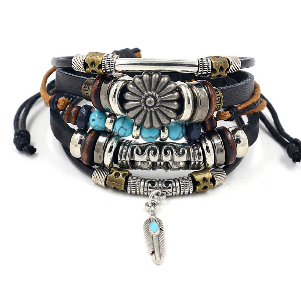 

PandaHall Fashionable multi-layer alloy beaded turquoise woven bracelet with simple butterfly decoration leather bracelet