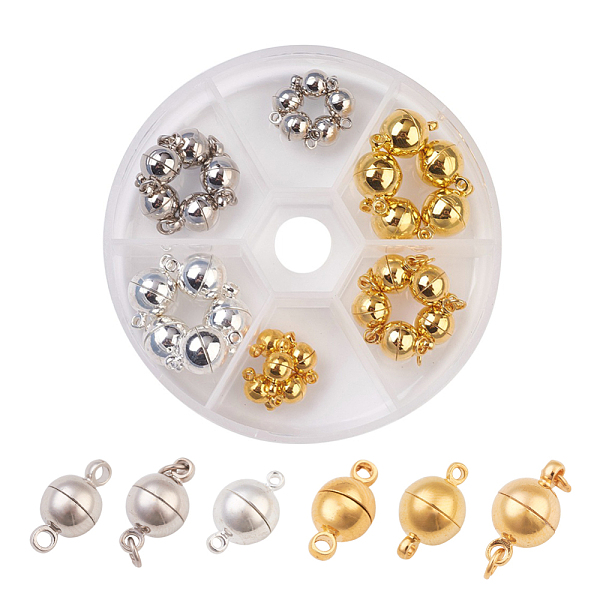 

PandaHall Brass Magnetic Clasps with Loops, Round, Mixed Color, 11.5~16x6~10mm, Hole: 1.2~2mm, 30sets/box Brass Round