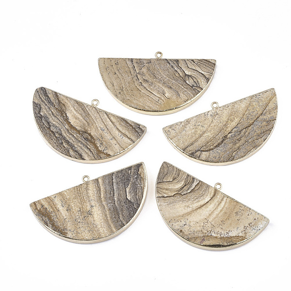 

PandaHall Electroplate Natural Picture Jasper Semi Circle Pendants, with Iron Findings, Half Round, Golden, 34~35x60.5x4~5.5mm, Hole: 1.8mm...