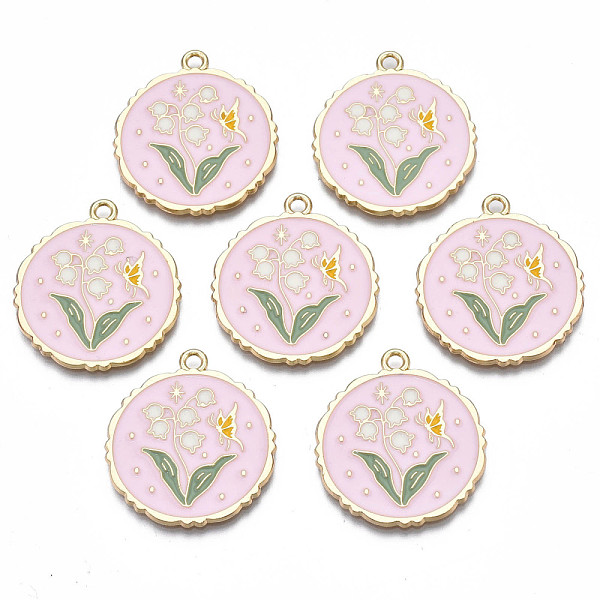 

PandaHall Rack Plating Alloy Enamel Pendants, Cadmium Free & Nickel Free & Lead Free, Light Gold, Flat Round with Flower, Pink, 28x25x1.5mm...