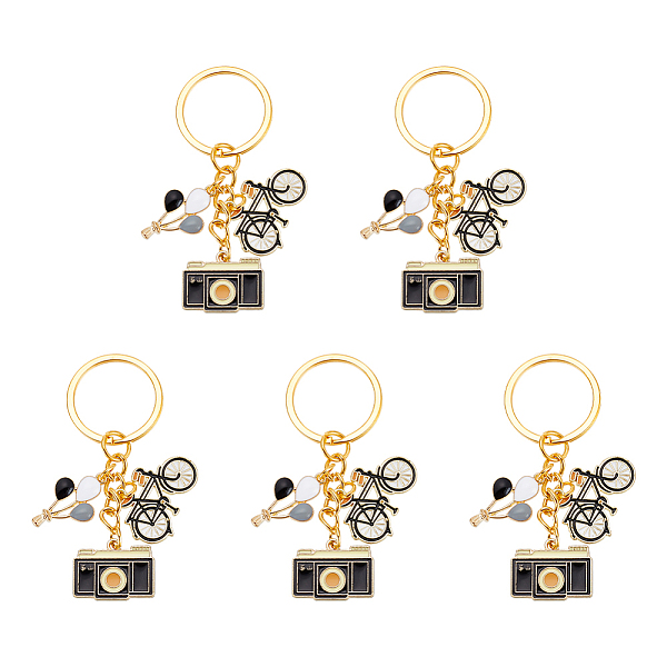 

PandaHall 5Pcs Hot Air Balloon/Camera/Bicycle Alloy Enamel Pendant Keychain, with Iron Findings, Golden, 6.95cm Alloy Mixed Shapes