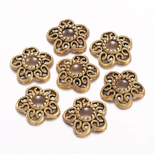 

PandaHall Tibetan Style Alloy Bead Caps, Lead Free and Cadmium Free, Antique Golden, 10.7x11x2.5mm, Hole: 3mm Alloy