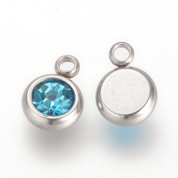 

PandaHall 201 Stainless Steel Rhinestone Charms, Flat Round, Aquamarine, 8.5x6x3mm, Hole: 1.5mm Stainless Steel+Rhinestone Flat Round Cyan