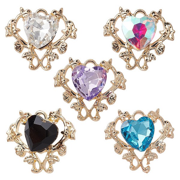 

PandaHall 5Pcs 5 Colors Glass Rhinestone Pendants, with Golden Alloy Finding, Heart Charms, Mixed Color, 18.5x21x6mm, Hole: 2mm, 1Pc/color..., Multicolor