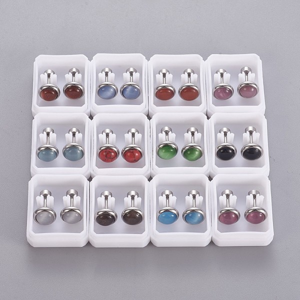 

PandaHall 304 Stainless Steel Earlobe Plugs, Screw Back Earrings, with Synthetic Gemstone and Cat Eye, Half Round, Mixed Color, Stainless..., Multicolor