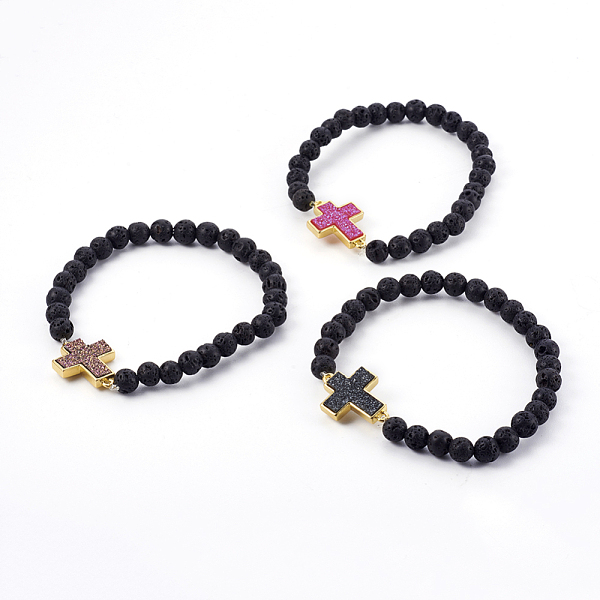 

PandaHall Natural Lava Rock Beads Stretch Bracelets, with Brass Links, with Druzy Acrylic, Cross, Mixed Color, 2-1/2 inch(6.4cm) Lava Rock..., Multicolor
