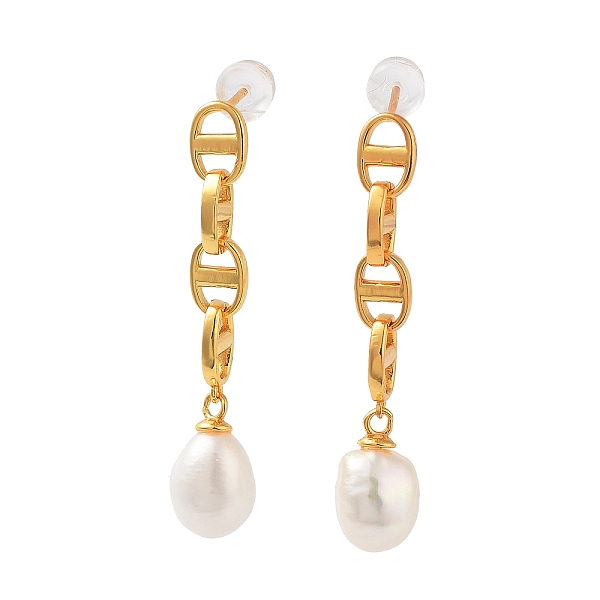 

PandaHall Natural Pearl Stud Earrings for Women, Sterling Silver Oval Link Dangle Earrings, Real 18K Gold Plated, 34x7.5mm Pearl