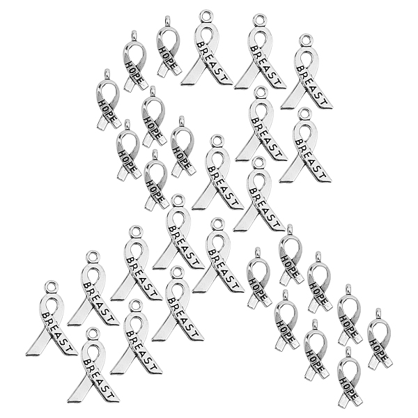 SUNNYCLUE 120Pcs 2 Styles Awareness Ribbon Hope Tibetan Style Alloy Pendants