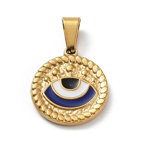 

PandaHall Ion Plating(IP) 304 Stainless Steel Pendants, with Enamel, Golden, Flat Round with Evil Eye Charm, Marine Blue, 18.5x16.5x2mm...