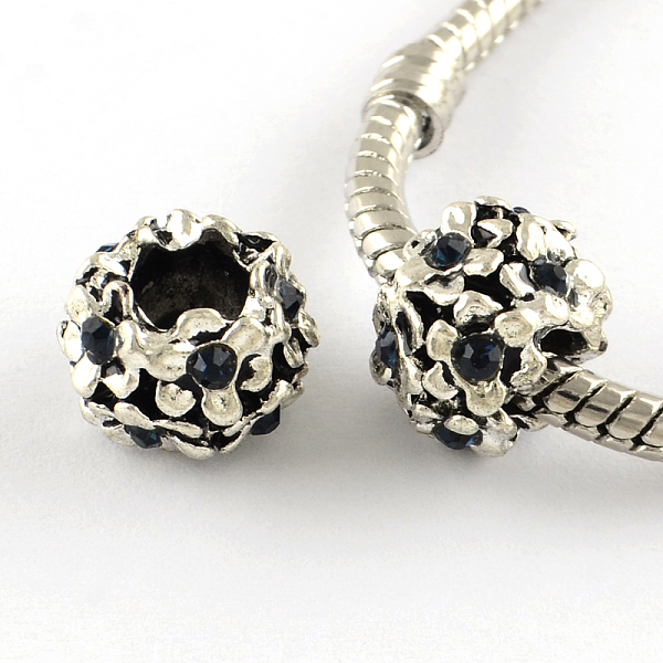 

PandaHall Antique Silver Plated Alloy Rhinestone Flower Large Hole European Beads, Jet, 11x8mm, Hole: 5mm Alloy+Rhinestone Rondelle Black