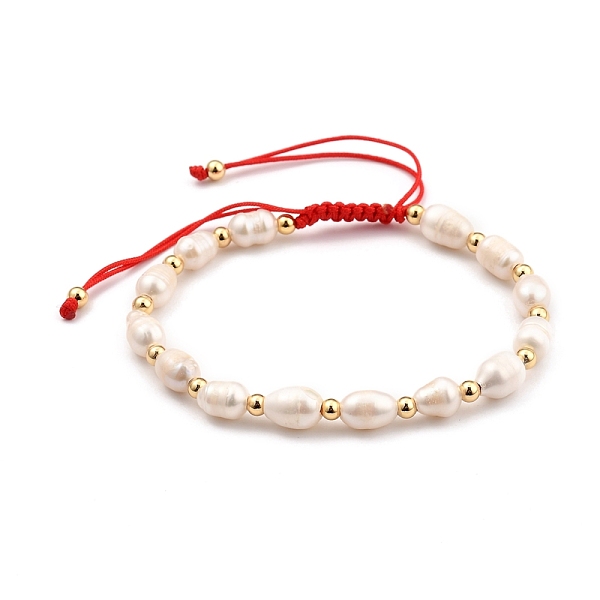 

PandaHall Adjustable Nylon Thread Braided Beads Bracelets, with Natural Cultured Freshwater Pearl Beads and Brass Beads, Real 18K Gold..., Red