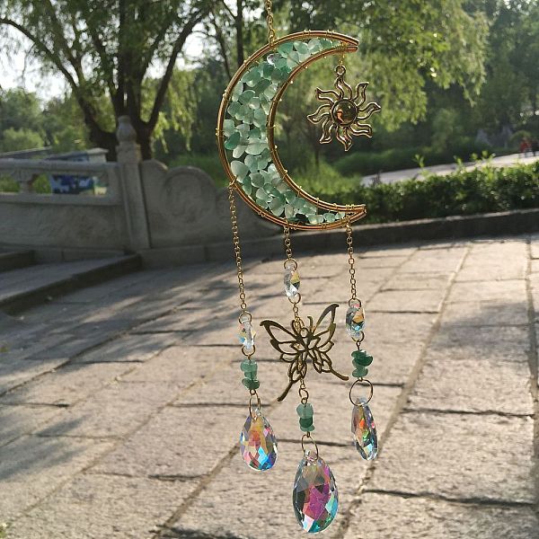 

PandaHall Natural Green Aventurine Chip & Metal Moon Hanging Suncatchers, with Glass Teardrop/Octagon and Metal Butterfly Link for Home...