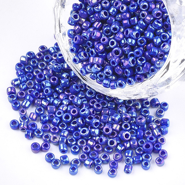 

PandaHall Opaque Glass Seed Beads, Rainbow Plated, Round, Blue, 3mm, Hole: 1mm, about 10000pcs/bag Glass Blue