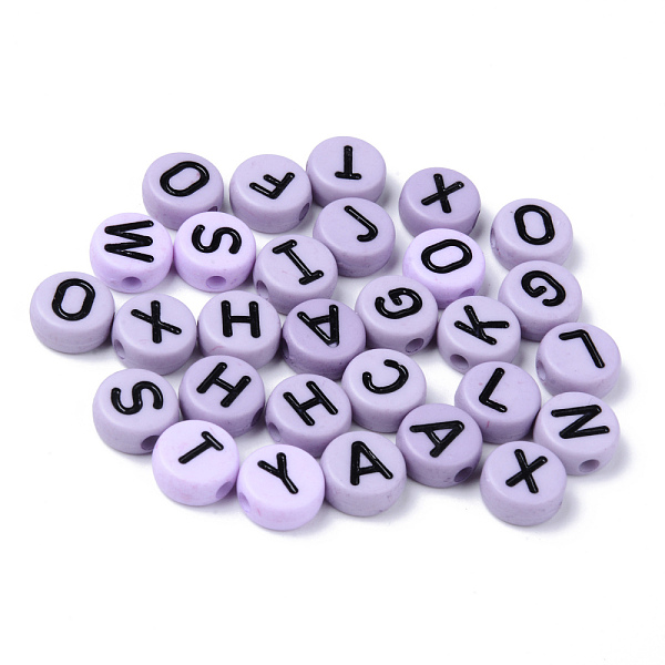 

PandaHall Opaque Acrylic Beads, Horizontal Hole, Flat Round with Black Random Letters, Lavender, 10x4.5mm, Hole: 2mm, about 1600pcs/500g..., Purple
