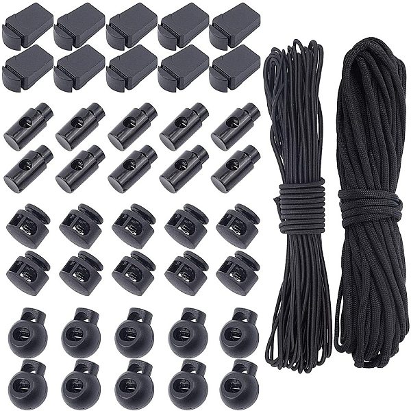 

PandaHall DIY Clothing Accessories KitS, with Iron Spring Plastic Cord Locks, Plastic Zipper Pull Cord Ends, Elastic Cord and Polyester..., Black