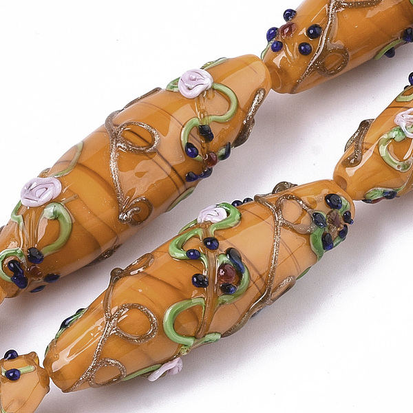 

PandaHall Handmade Gold Sand Lampwork Beads Strands, Bumpy, Rice with Flower Pattern, Dark Orange, 45~47.5x14.5~15.5mm, Hole: 1.5mm, about...