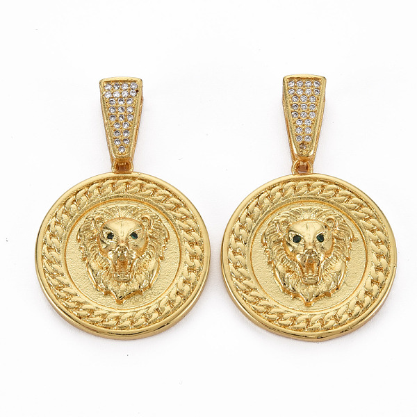 

PandaHall Brass Micro Pave Cubic Zirconia Pendants, Nickel Free, Flat Round with Lion, Real 16K Gold Plated, 26.5x24x6mm, Hole: 3x10mm..., Clear