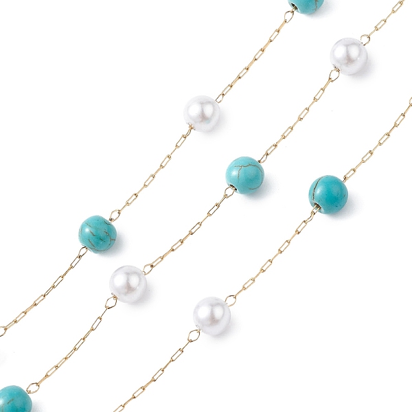 

PandaHall 304 Stainless Steel Synthetic Turquoise Bead Link Chains with Glass, Unwelded, with Spool, Golden, White, 2.5x0.8x0.2mm 304...