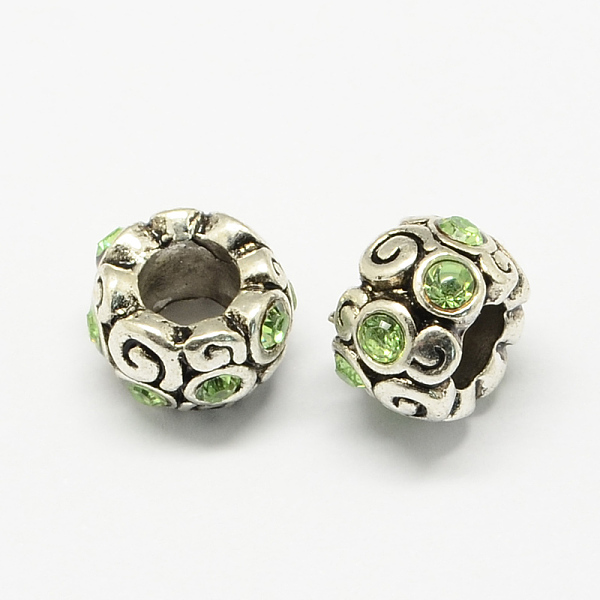 

PandaHall Alloy Rhinestone European Beads, Rondelle Large Hole Beads, Antique Silver, Peridot, 11x8mm, Hole: 6mm Alloy+Rhinestone Rondelle..., Green