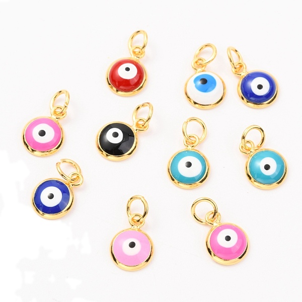 

PandaHall Brass Enamel Charms, Real 18K Gold Plated, Long-Lasting Plated, with Jump Ring, Flat Round with Evil Eye, Mixed Color, 11x8x3mm..., Multicolor