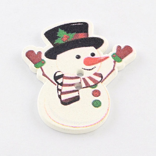 

PandaHall Holiday Buttons, 2-Hole Christmas Snowman Printed Wooden Sewing Buttons, Snow, 35x31x2mm, Hole: 2mm Wood Human White