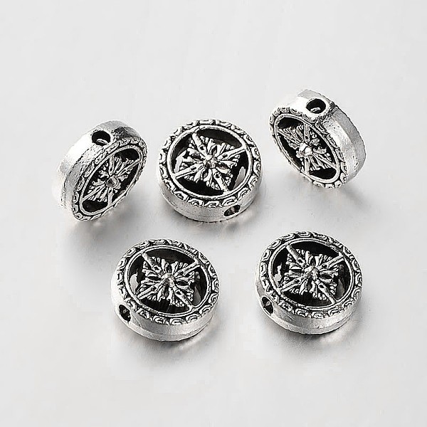 

PandaHall Buddhist Jewelry Findings Tibetan Style Alloy Flat Round Beads, Antique Silver, 12x5mm, Hole: 2mm Alloy Flat Round