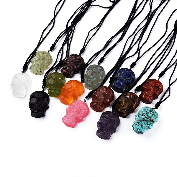 

PandaHall Halloween Skull Natural Gemstone Pendant Necklaces, with Resin and Nylon Thread, 27.5 inch(70cm) Mixed Stone