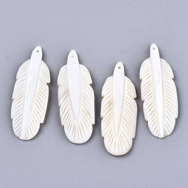 

PandaHall Natural Freshwater Shell Pendants, Carved, Feather, Seashell Color, 42~43x15x3.5mm, Hole: 1.4mm Freshwater Shell Feather