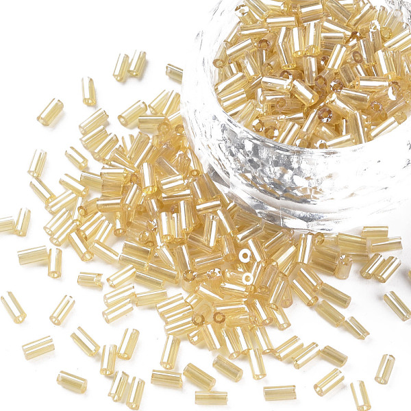 

PandaHall Transparent Colours Luster Glass Bugle Beads, Round Hole, Pale Goldenrod, 3~8x2mm, Hole: 0.7mm, about 450g/pound Glass