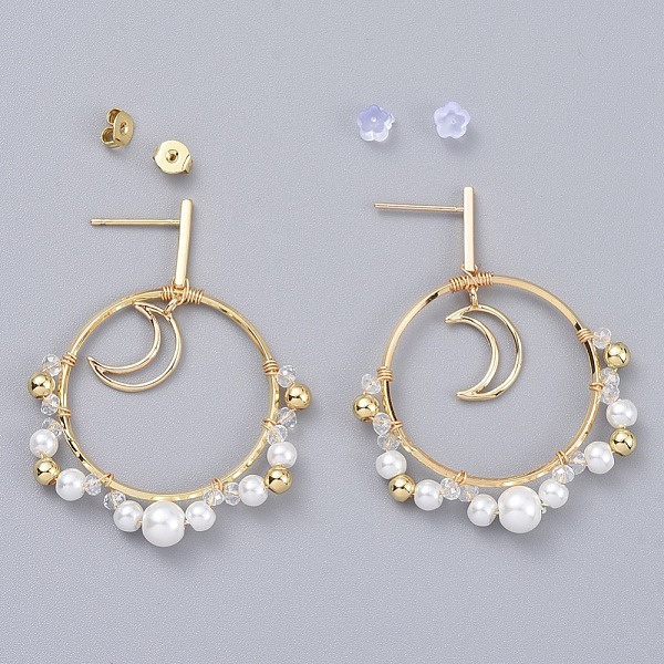 

PandaHall Dangle Stud Earrings, with Glass Beads, Brass Linking Rings and Plastic Ear Nuts, Ring with Moon, Golden, 50mm, Pin: 0.8mm Glass