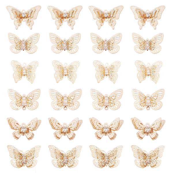 

PandaHall CHGCRAFT 24Pcs 6 Style DIY Brass Filigree Pendants, with Crystal Rhinestone, 3D Butterfly, Light Gold, 12~22.5x20~26x3.5~7mm, Hole...