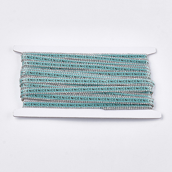

PandaHall Satin Ribbon and Two Rows Rhinestone(Hot Melt Adhesive On The Back), with Polyester Ribbons, Hotfix Rhinestone, Pale Turquoise..., Cyan