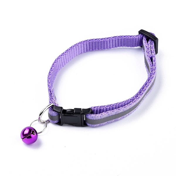 

PandaHall Adjustable Polyester Reflective Dog/Cat Collar, Pet Supplies, with Iron Bell and Polypropylene(PP) Buckle, Lilac, 21.5~35x1cm, Fit..., Purple