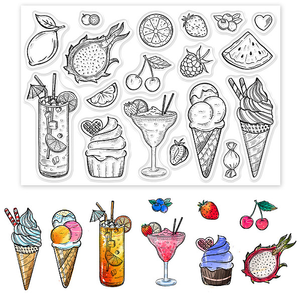 

PandaHall GLOBLELAND Food Patterns Clear Stamps Fruit Drinks Ice Cream Cupcakes Silicone Clear Stamp Seals for Cards Making DIY Scrapbooking...