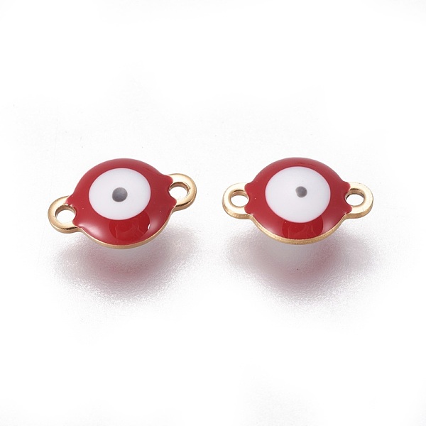

PandaHall Ion Plating(IP) 304 Stainless Steel Enamel Links connectors, Flat Round with Evil Eye, Golden, FireBrick, 12x8x4mm, Hole: 1.4mm..., Red