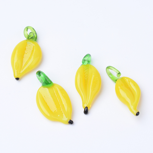 

PandaHall Handmade Lampwork Pendants, Banana, Yellow, 25~35x9~15x4.5~6mm, Hole: 2~5mm Lampwork Fruit Yellow