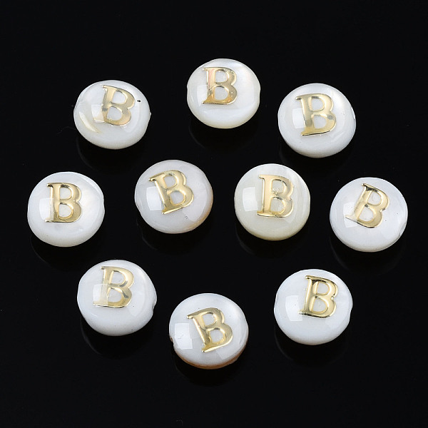 

PandaHall Natural Freshwater Shell Beads, with Golden Plated Brass Etched Metal Embellishments, Flat Round with Letter, Seashell Color...