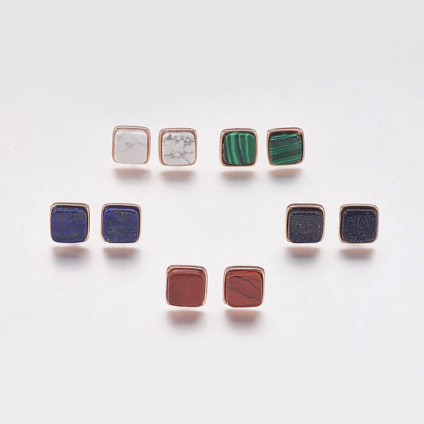 

PandaHall Natural & Synthetic Mixed Stone Stud Earrings, with Brass Findings, Real Rose Gold Plated, Square, 12x12x4.5~6mm, Pin: 1mm Mixed..., Multicolor