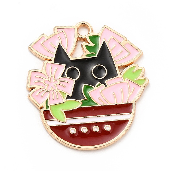 

PandaHall Alloy Enamel Pendants, Light Gold, Potted with Cat Charm, Lavender Blush, 27.5x25.5x1mm, Hole: 2mm Alloy+Enamel Cat Shape